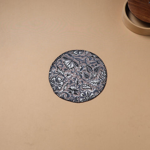Grey - Hand Embroidered Floral Block Print Cotton Round Roti Napkin 13