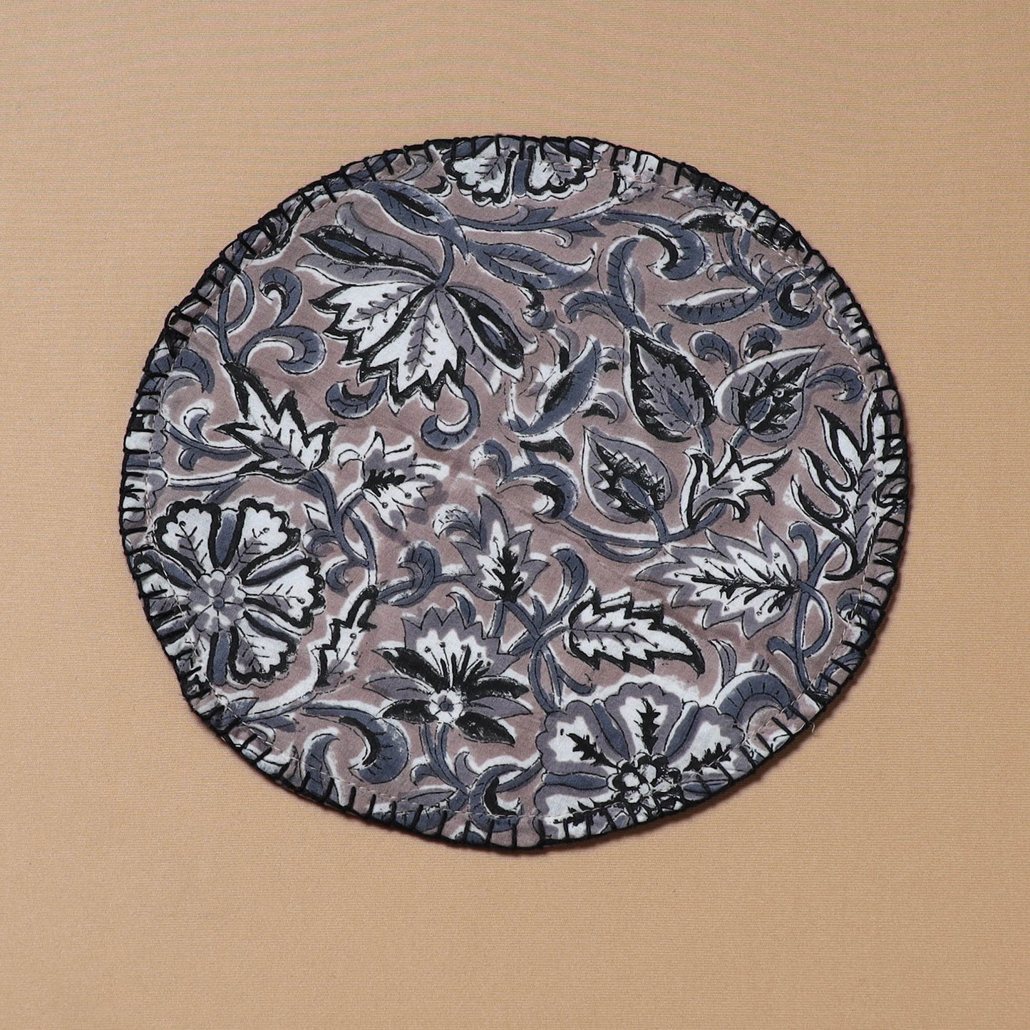 Grey - Hand Embroidered Floral Block Print Cotton Round Roti Napkin 13