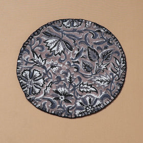 Grey - Hand Embroidered Floral Block Print Cotton Round Roti Napkin 13