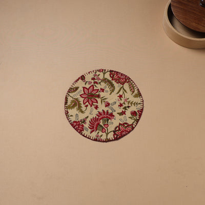 Beige - Hand Embroidered Floral Block Print Cotton Round Roti Napkin 14
