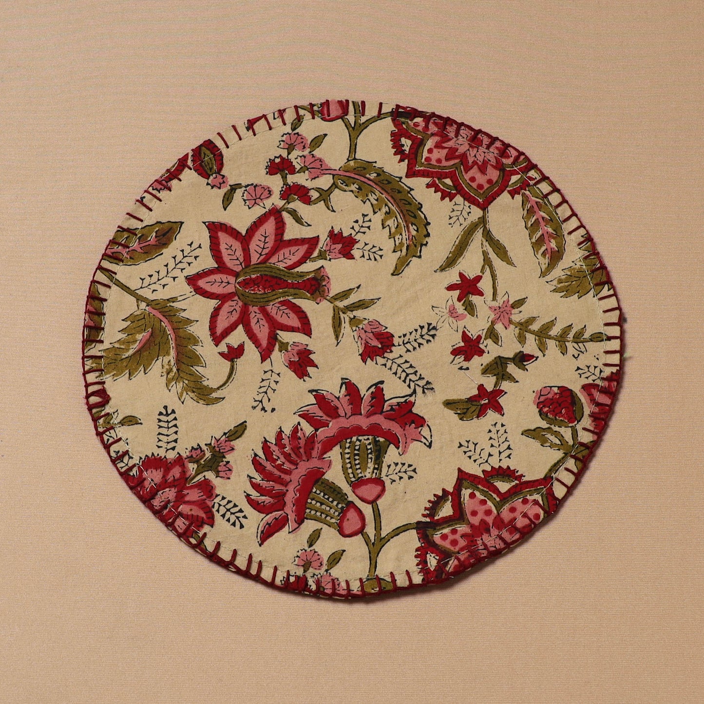Beige - Hand Embroidered Floral Block Print Cotton Round Roti Napkin 14