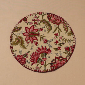 Beige - Hand Embroidered Floral Block Print Cotton Round Roti Napkin 14