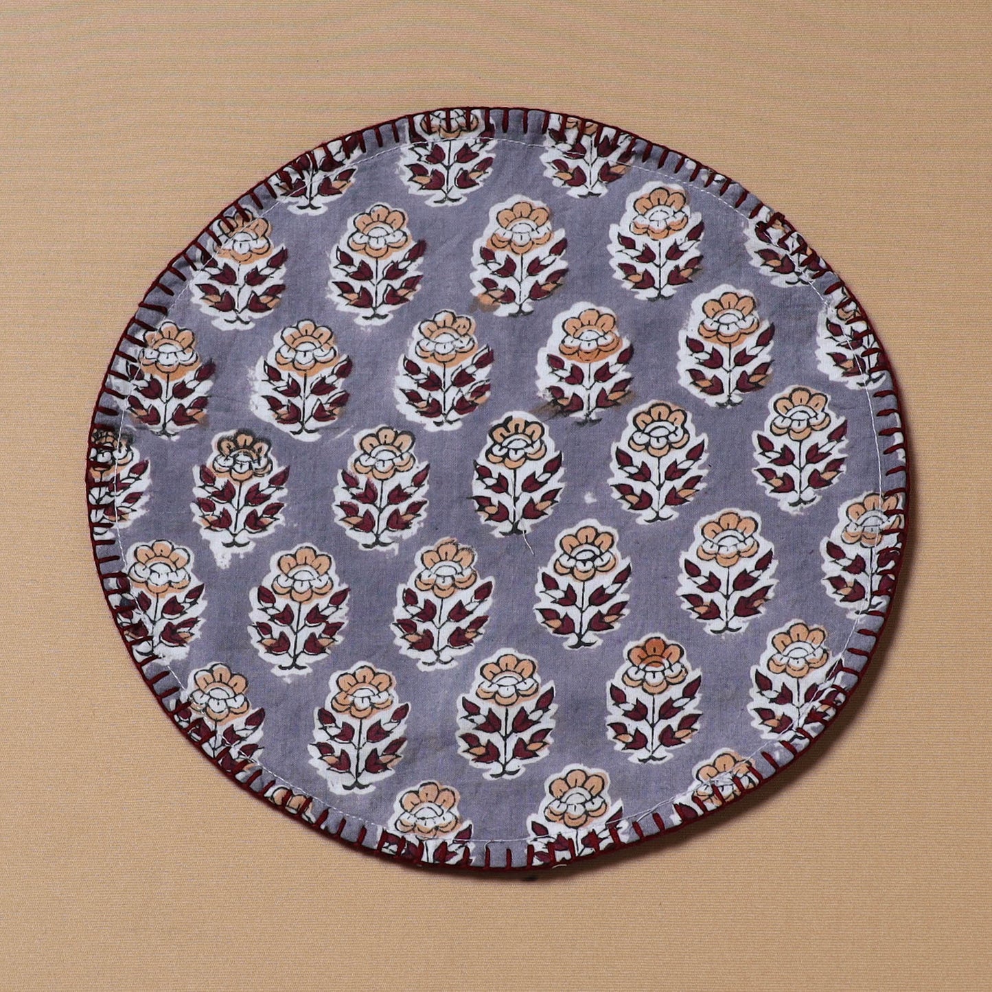 Hand Embroidered Floral Block Print Cotton Round Roti Napkin 15