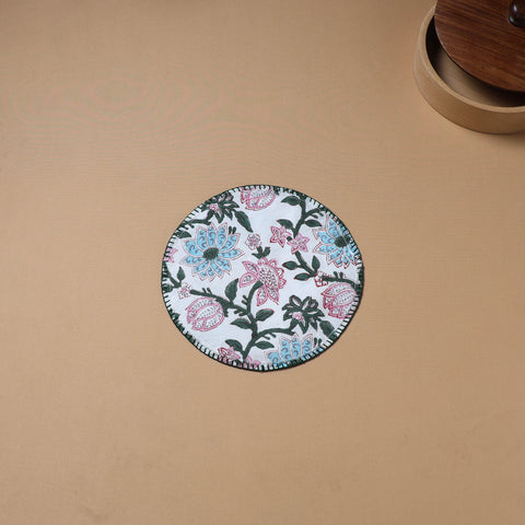 White - Hand Embroidered Floral Block Print Cotton Round Roti Napkin 16