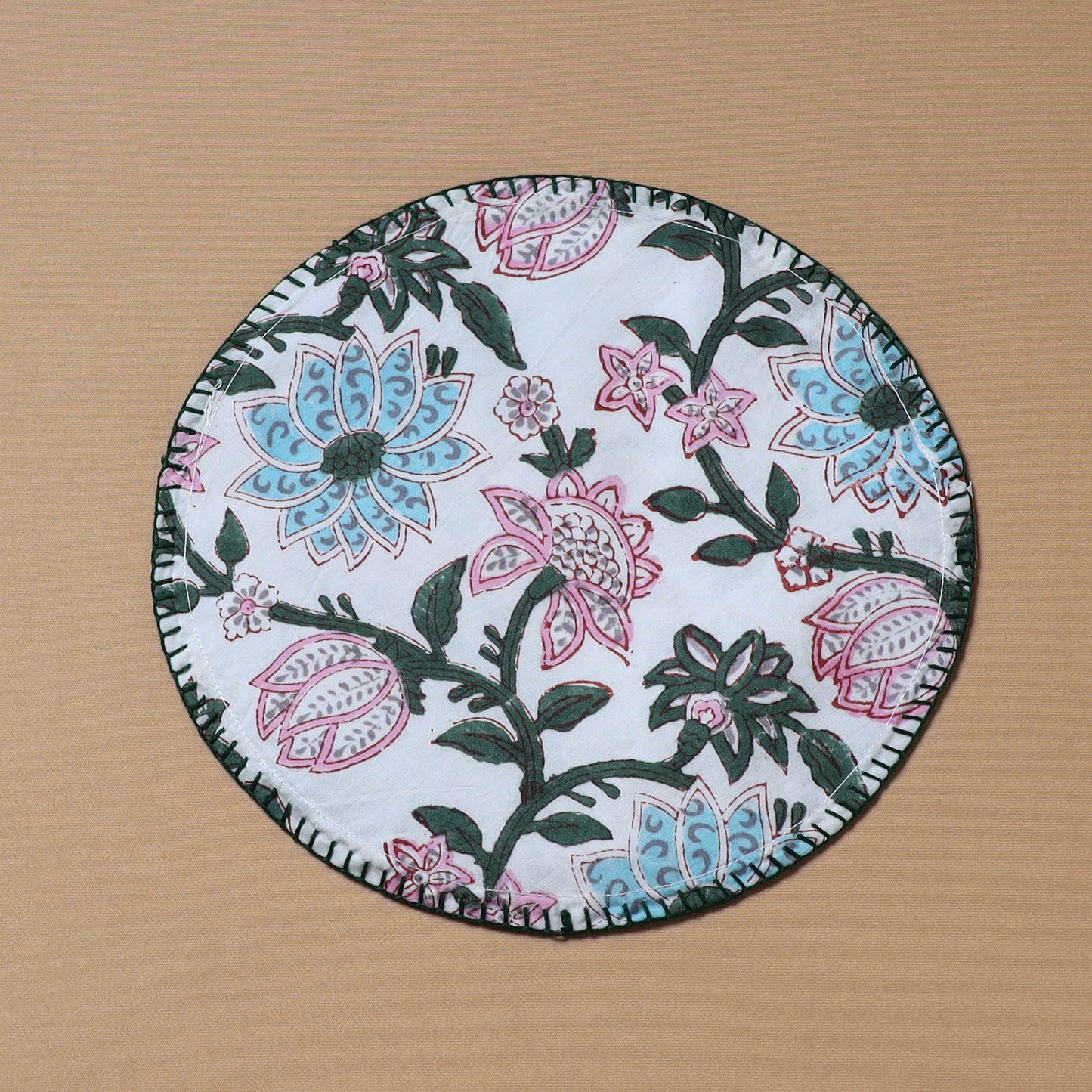 White - Hand Embroidered Floral Block Print Cotton Round Roti Napkin 16