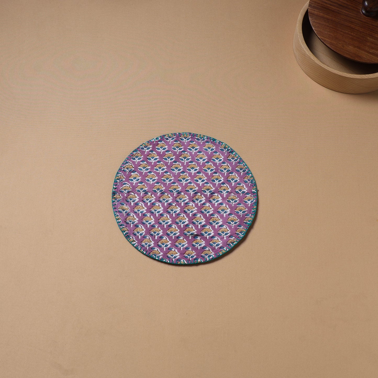 Purple - Hand Embroidered Floral Block Print Cotton Round Roti Napkin 17