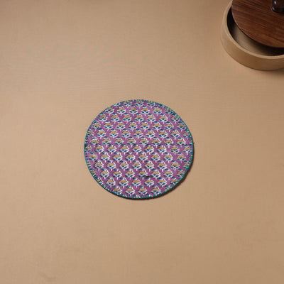 Purple - Hand Embroidered Floral Block Print Cotton Round Roti Napkin 17
