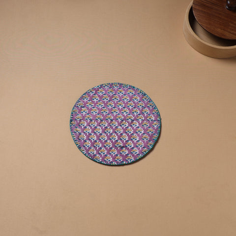 Purple - Hand Embroidered Floral Block Print Cotton Round Roti Napkin 17