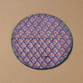 Purple - Hand Embroidered Floral Block Print Cotton Round Roti Napkin 17