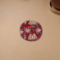 Red - Hand Embroidered Floral Block Print Cotton Round Roti Napkin 20