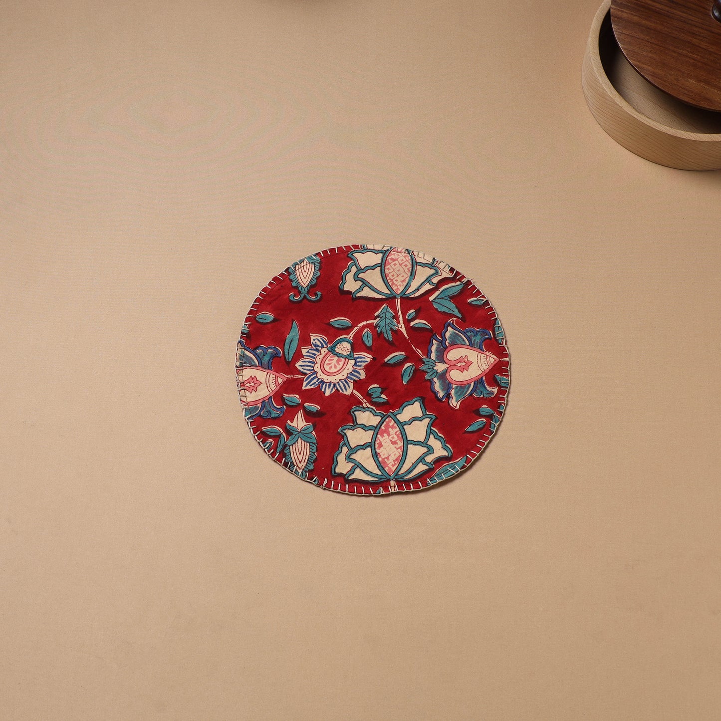 Red - Hand Embroidered Floral Block Print Cotton Round Roti Napkin 20