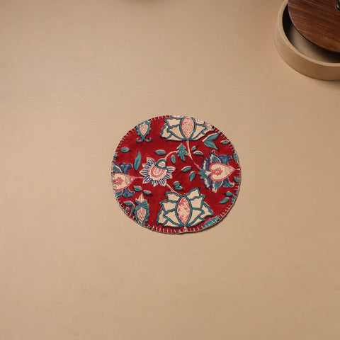 Red - Hand Embroidered Floral Block Print Cotton Round Roti Napkin 20