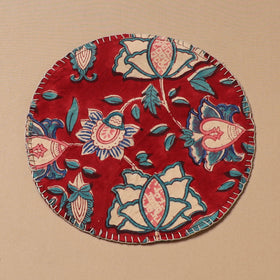 Red - Hand Embroidered Floral Block Print Cotton Round Roti Napkin 20