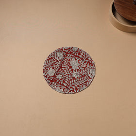 Red - Hand Embroidered Bagru Block Print Cotton Round Roti Napkin 22