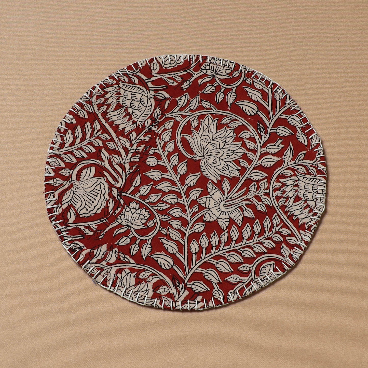 Red - Hand Embroidered Bagru Block Print Cotton Round Roti Napkin 22