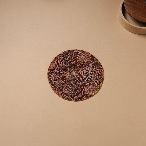 Brown - Hand Embroidered Kalamkari Block Print Cotton Round Roti Napkin 23