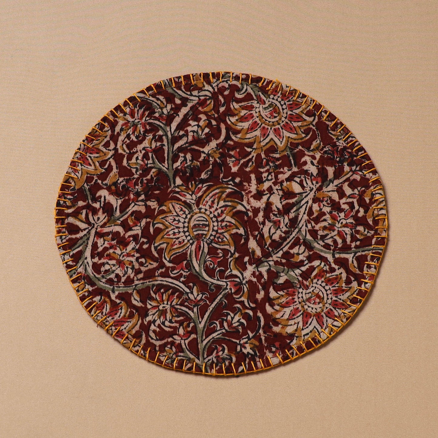 Brown - Hand Embroidered Kalamkari Block Print Cotton Round Roti Napkin 23