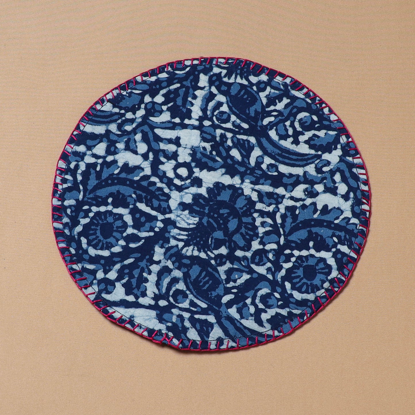 Blue - Hand Embroidered Bagru Block Print Cotton Round Roti Napkin 25