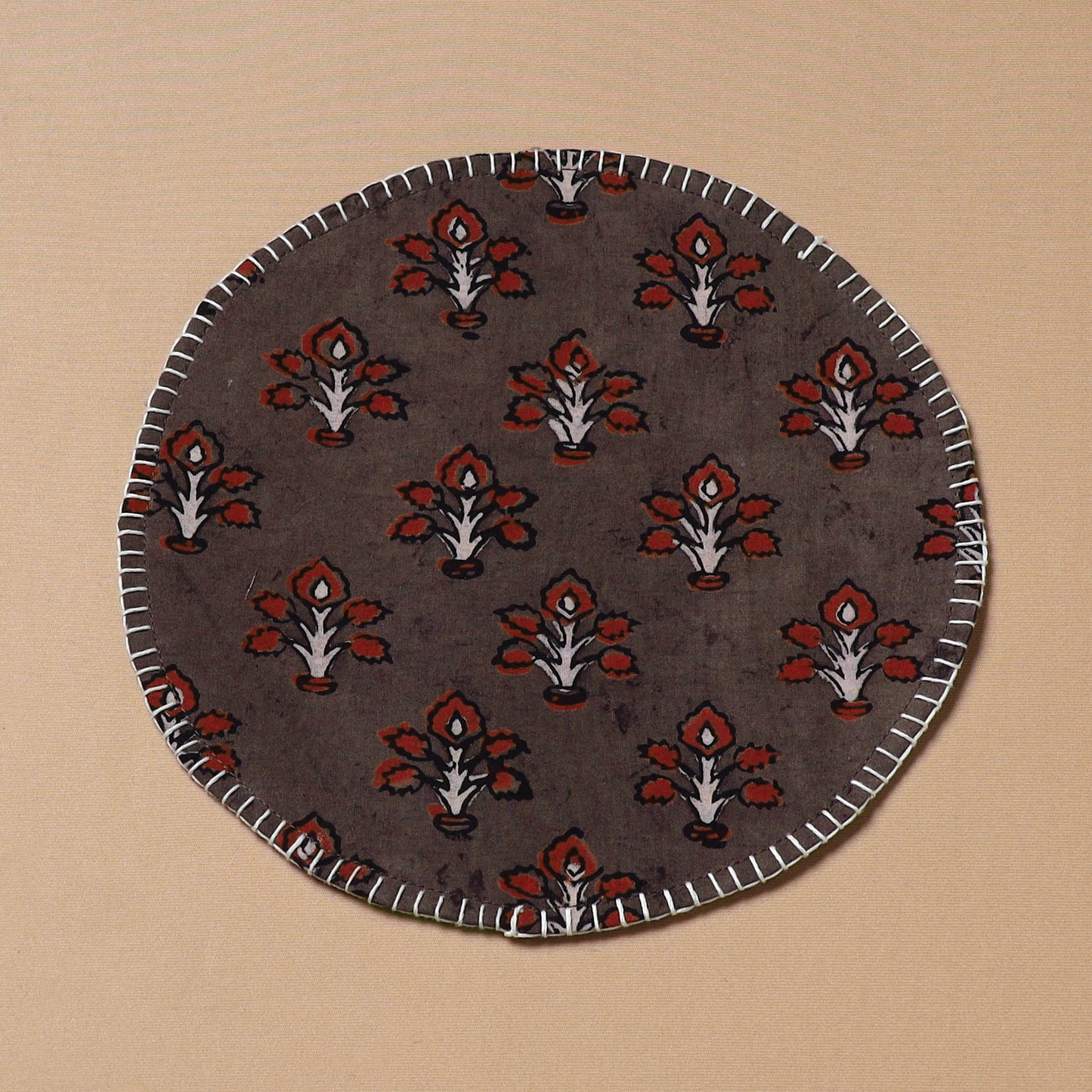 Brown - Hand Embroidered Ajrakh Block Print Cotton Round Roti Napkin 26