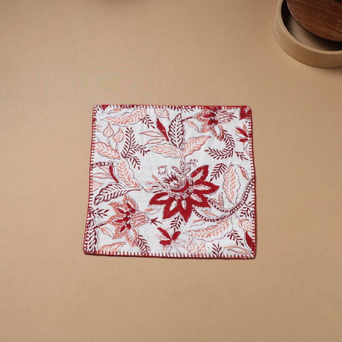 White - Hand Embroidered Floral Block Print Cotton Square Roti Napkin 27
