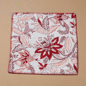 White - Hand Embroidered Floral Block Print Cotton Square Roti Napkin 27
