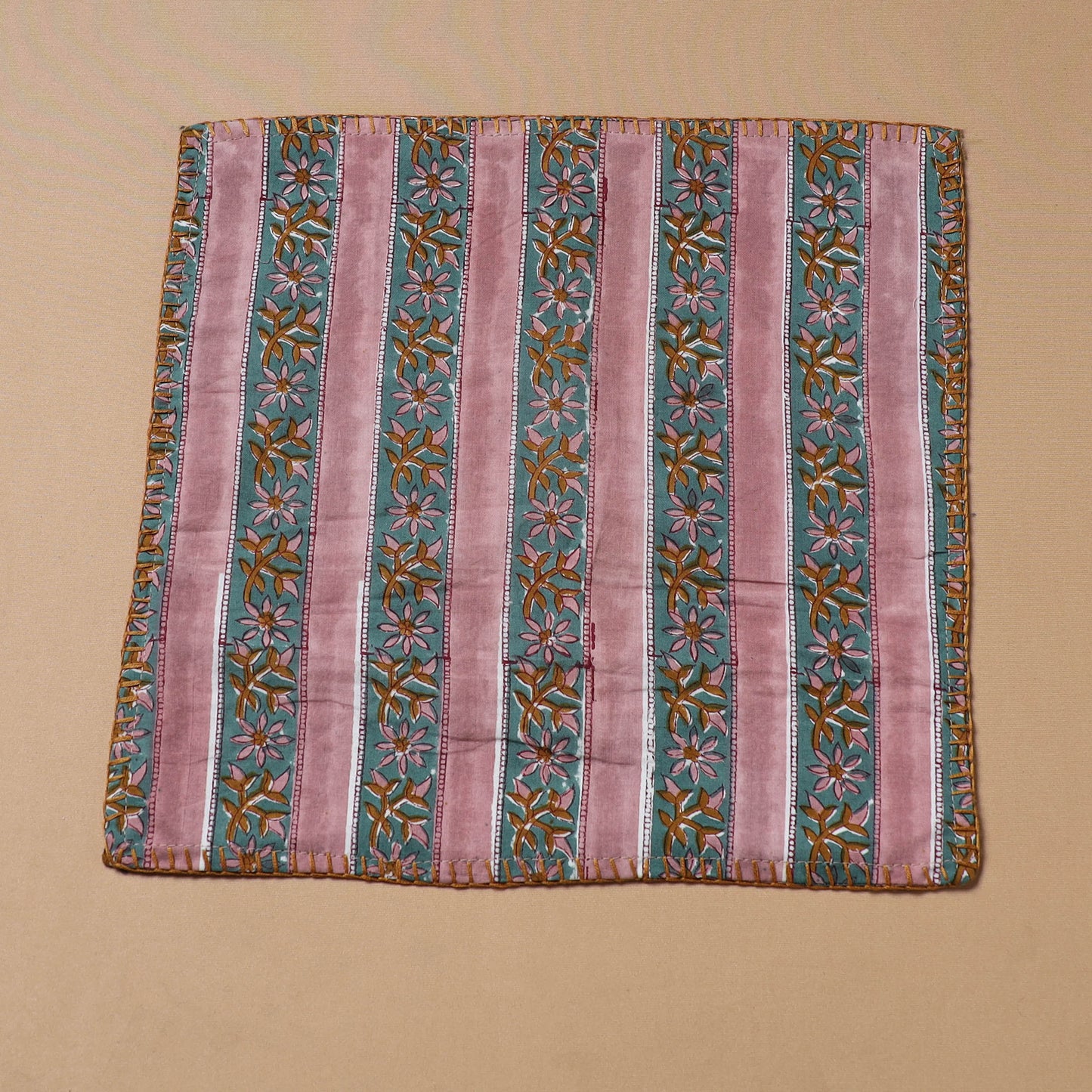 Hand Embroidered Floral Block Print Cotton Square Roti Napkin 28