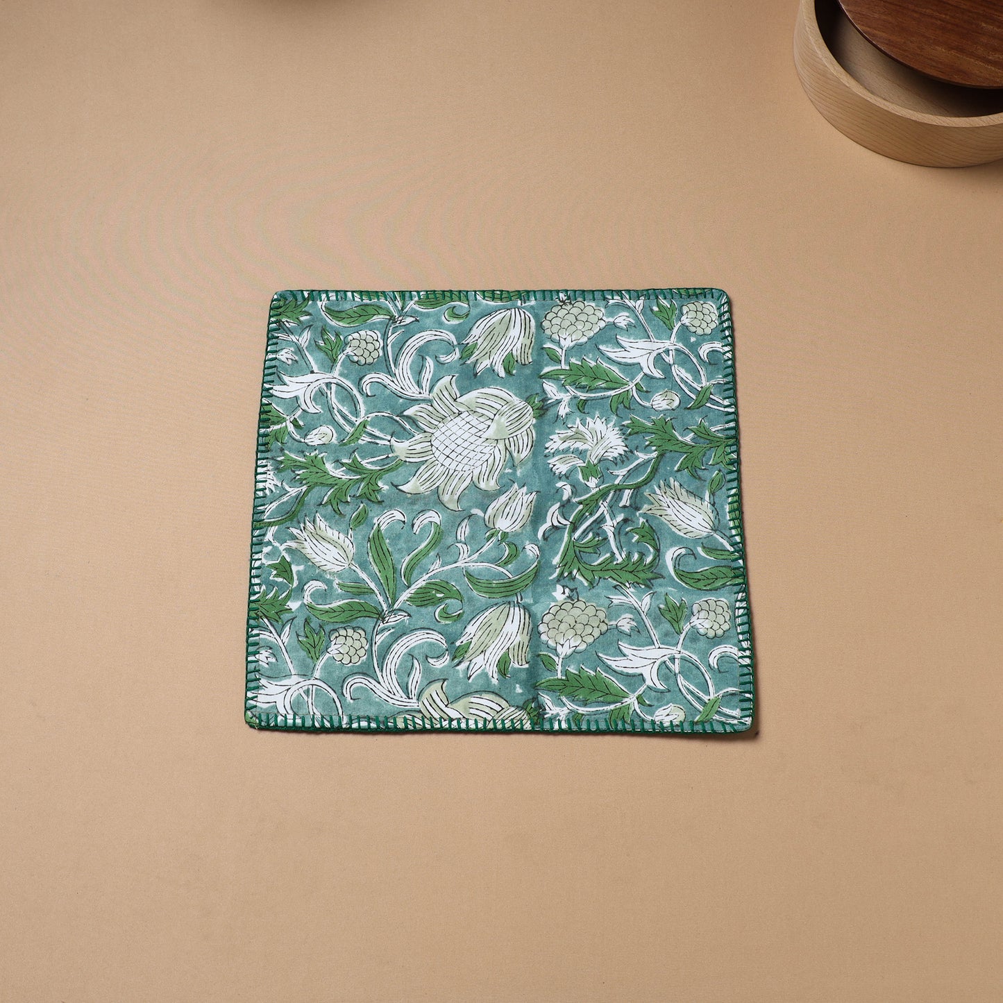 Green - Hand Embroidered Floral Block Print Cotton Square Roti Napkin 29
