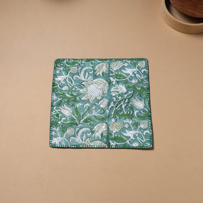 Green - Hand Embroidered Floral Block Print Cotton Square Roti Napkin 29