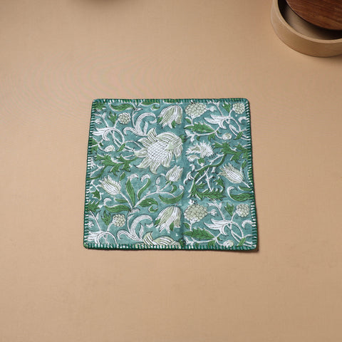 Green - Hand Embroidered Floral Block Print Cotton Square Roti Napkin 29