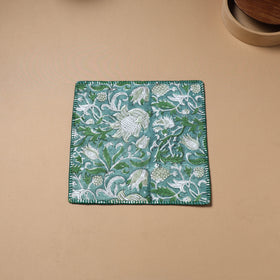 Green - Hand Embroidered Floral Block Print Cotton Square Roti Napkin 29