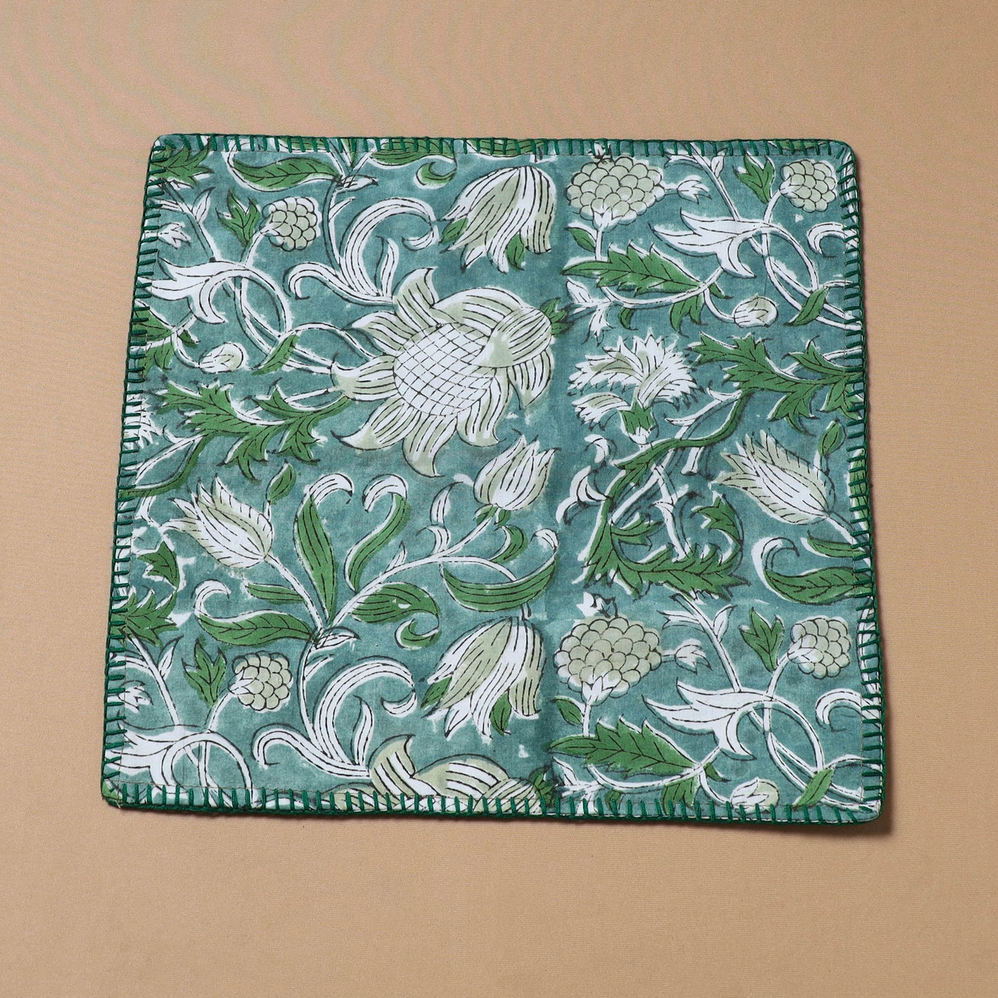 Green - Hand Embroidered Floral Block Print Cotton Square Roti Napkin 29