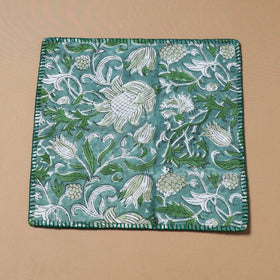 Green - Hand Embroidered Floral Block Print Cotton Square Roti Napkin 29