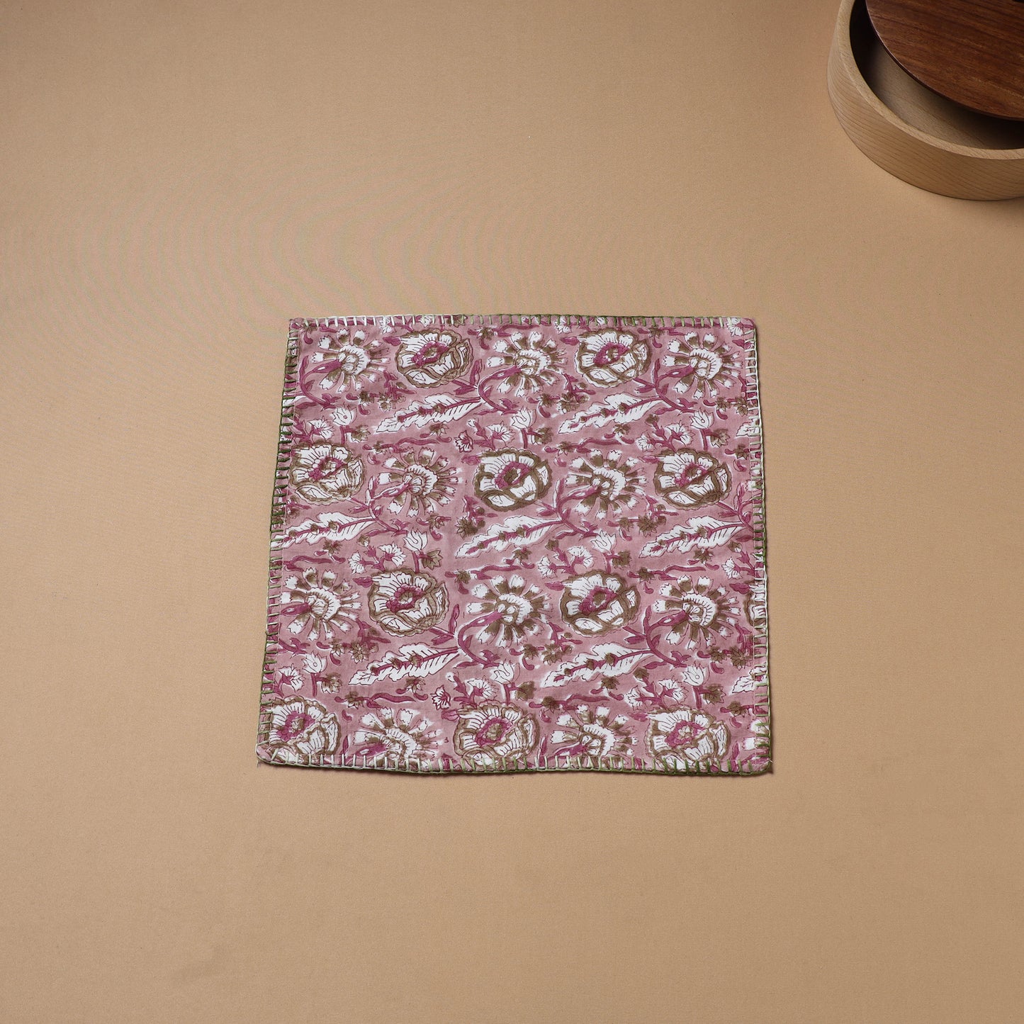 Pink - Hand Embroidered Floral Block Print Cotton Square Roti Napkin 30