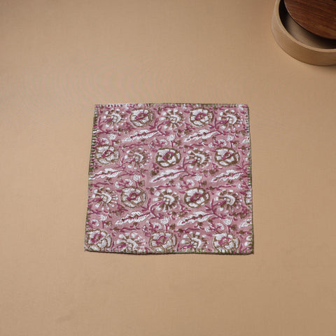 Pink - Hand Embroidered Floral Block Print Cotton Square Roti Napkin 30
