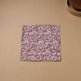 Pink - Hand Embroidered Floral Block Print Cotton Square Roti Napkin 30
