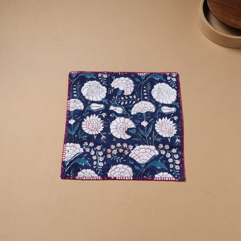 Hand Embroidered Floral Block Print Cotton Square Roti Napkin 31