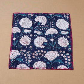 Blue - Hand Embroidered Floral Block Print Cotton Square Roti Napkin 31