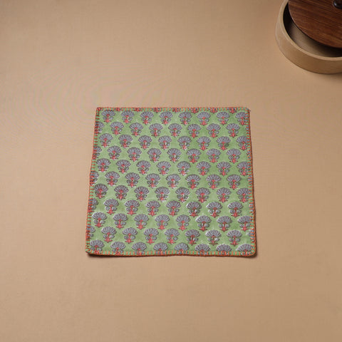 Hand Embroidered Floral Block Print Cotton Square Roti Napkin 32