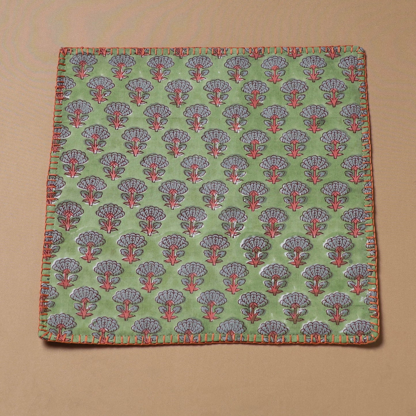 Hand Embroidered Floral Block Print Cotton Square Roti Napkin 32
