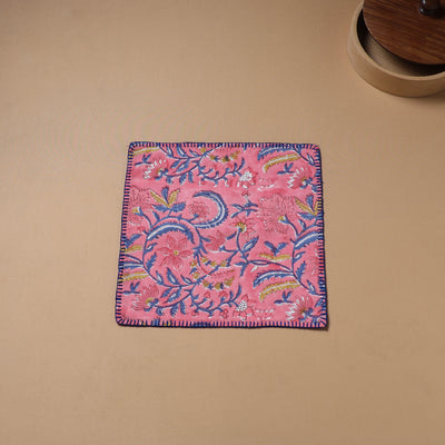 Pink - Hand Embroidered Floral Block Print Cotton Square Roti Napkin 33