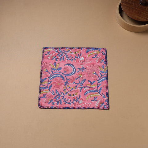 Pink - Hand Embroidered Floral Block Print Cotton Square Roti Napkin 33