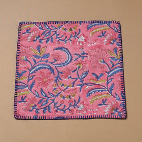 Pink - Hand Embroidered Floral Block Print Cotton Square Roti Napkin 33