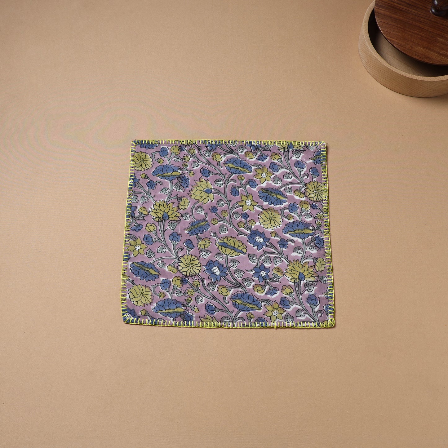 Purple - Hand Embroidered Floral Block Print Cotton Square Roti Napkin 34