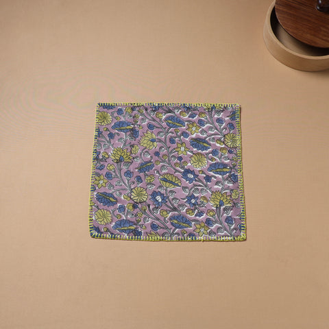 Purple - Hand Embroidered Floral Block Print Cotton Square Roti Napkin 34