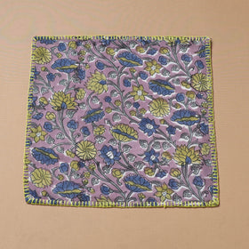 Purple - Hand Embroidered Floral Block Print Cotton Square Roti Napkin 34