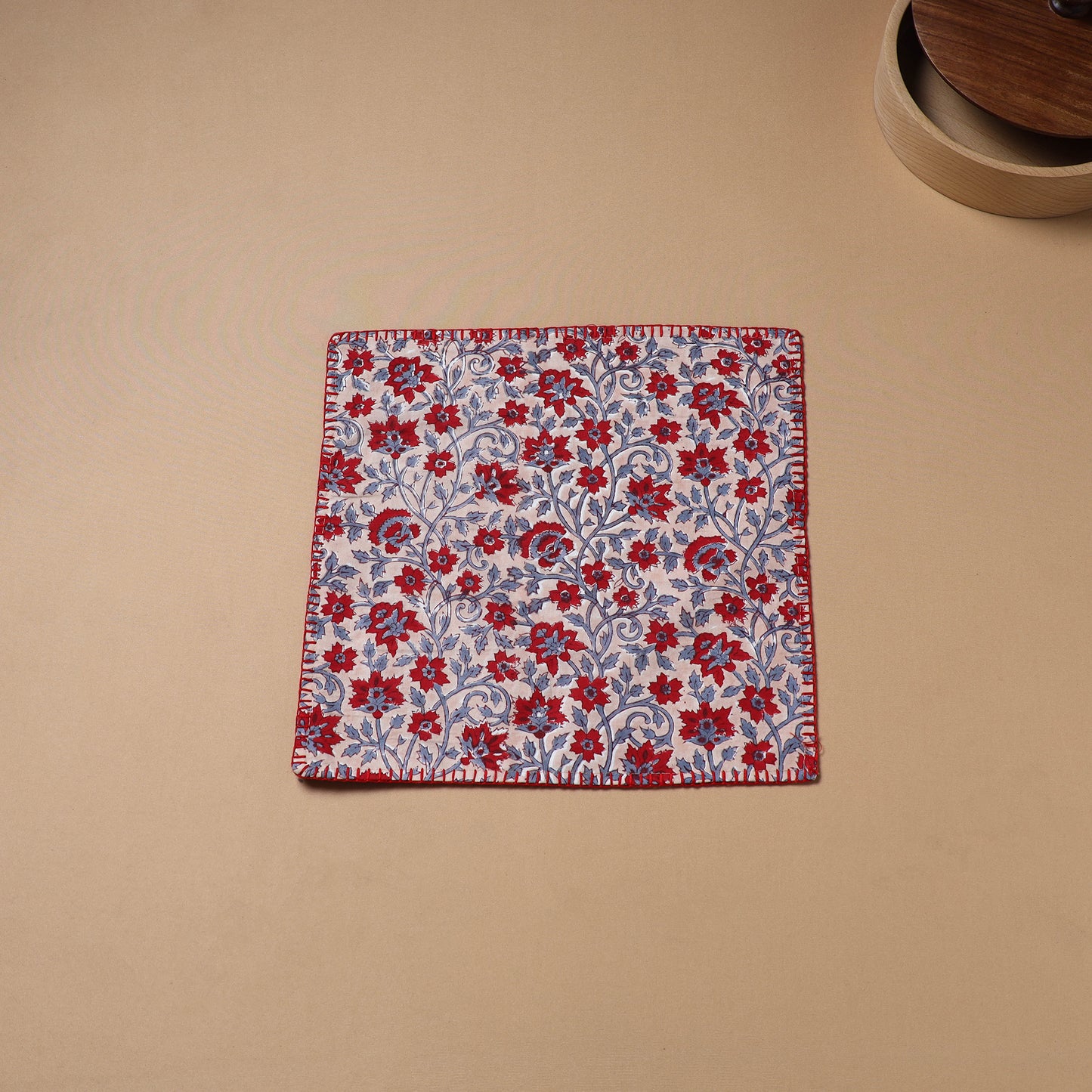 Red - Hand Embroidered Floral Block Print Cotton Square Roti Napkin 35