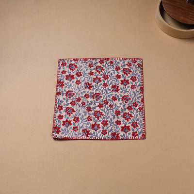 Red - Hand Embroidered Floral Block Print Cotton Square Roti Napkin 35