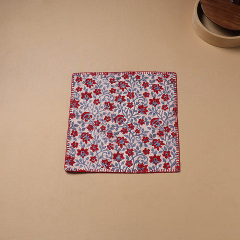 Red - Hand Embroidered Floral Block Print Cotton Square Roti Napkin 35