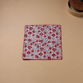 Red - Hand Embroidered Floral Block Print Cotton Square Roti Napkin 35