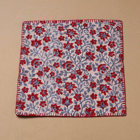 Red - Hand Embroidered Floral Block Print Cotton Square Roti Napkin 35